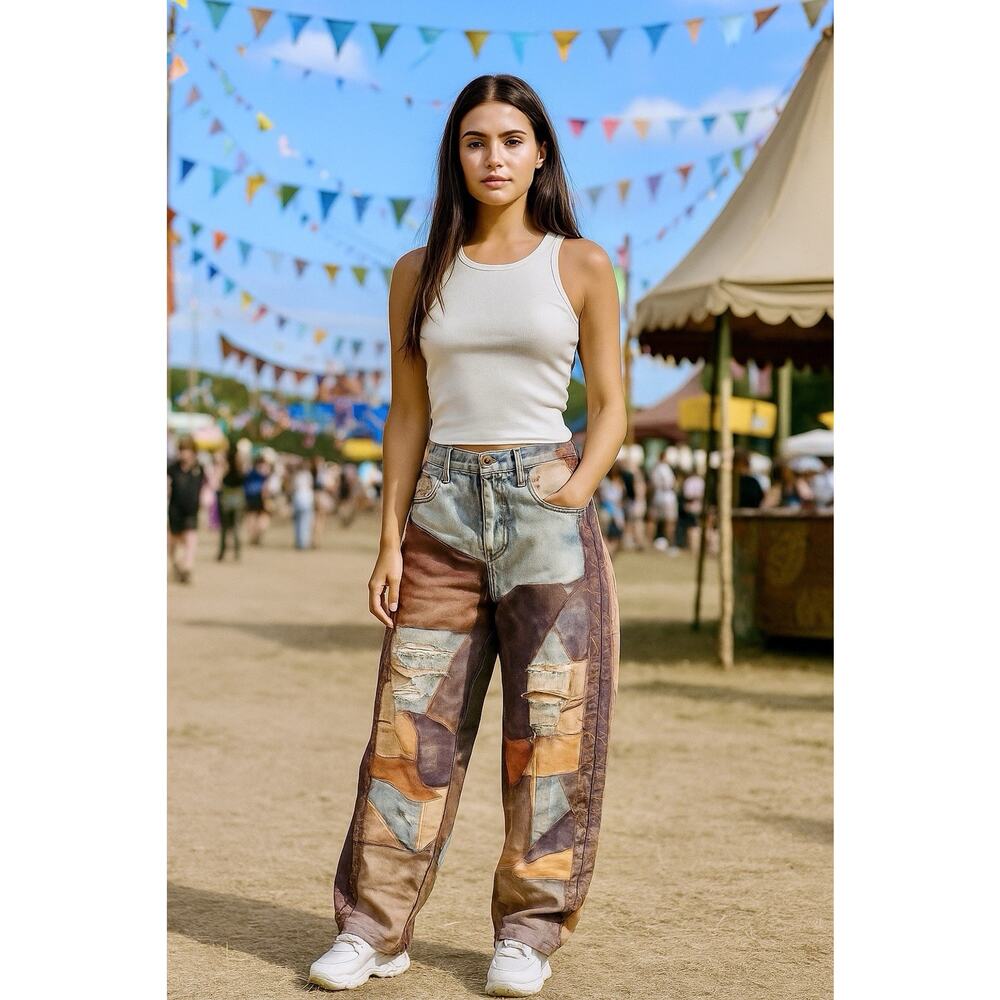 Micas Women’s Sz S Graphic Pants Patchwork, Boho, Festival, Western Grunge NWT